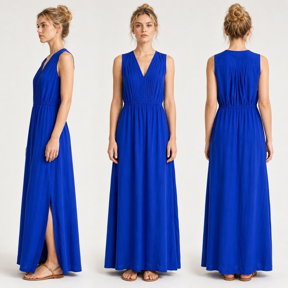 Madewell Maxi Dress 100% Washed Silk Pleated V-Neck Cobalt Blue w/Pockets Sz 0